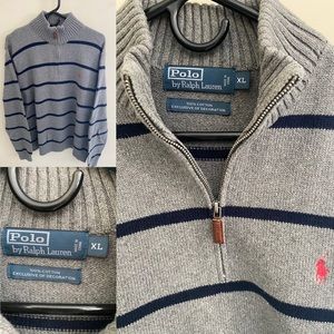 Large, Grey/Navy Blue Striped Quarter-Zip Polo Ralph Lauren Sweater.